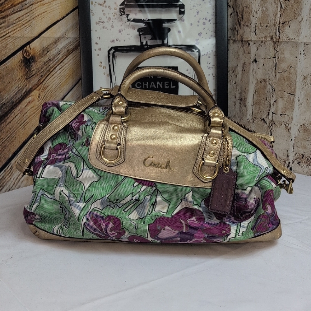 Coach Ashley Floral Limited Edition Satchel Gold, White, Green and Purple